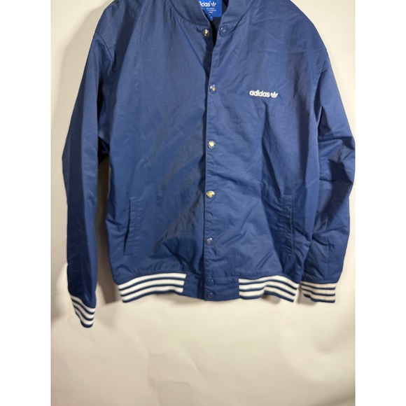 Adidas Originals Vintage Navy Blue Snap Bomber Jacket Mens Large Trefoil Striped - Picture 3 of 8